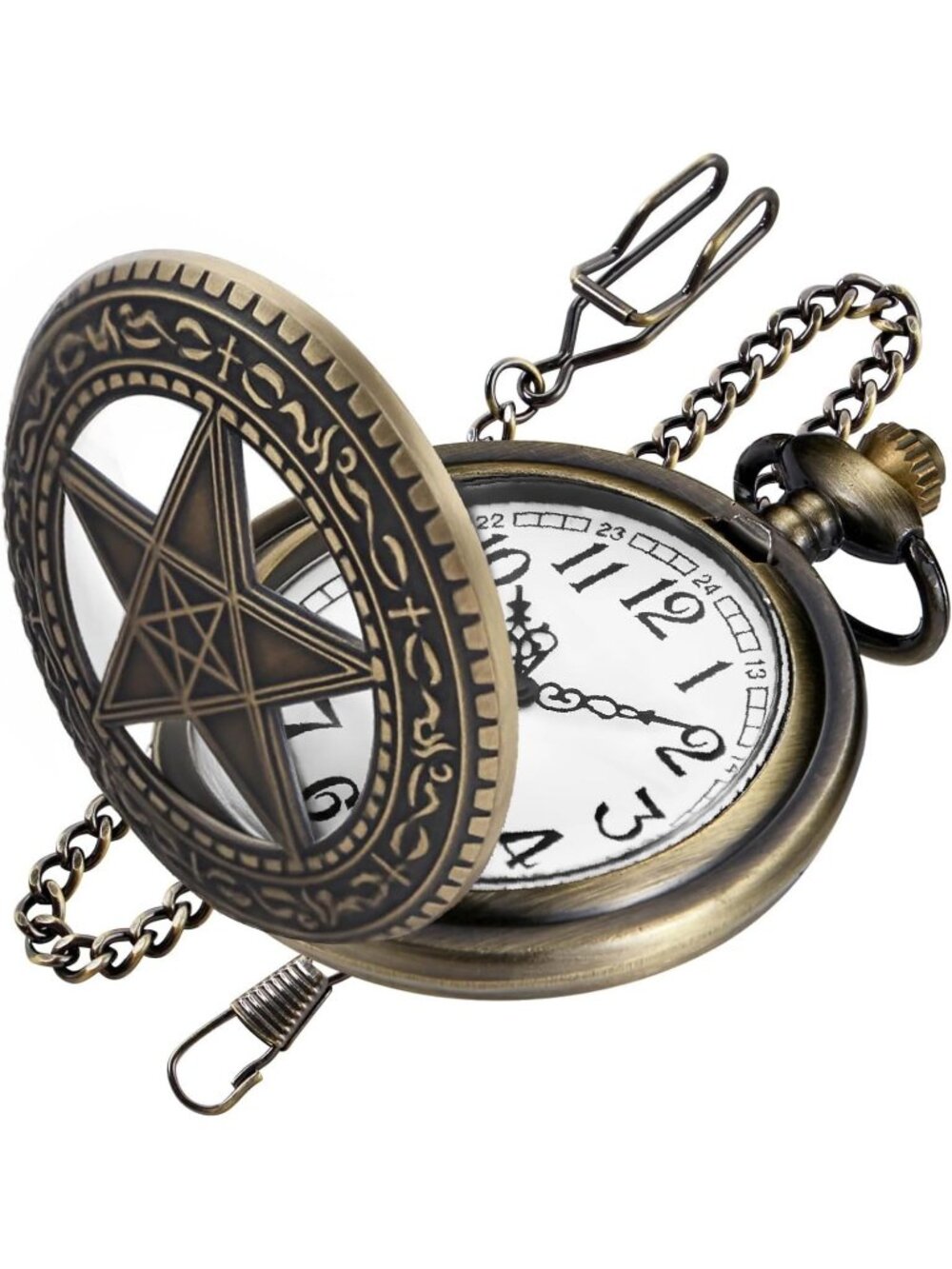 Men's Brown Analog Quartz Arabic Numeral Out Pentagram Chain Dial Pocket Watch